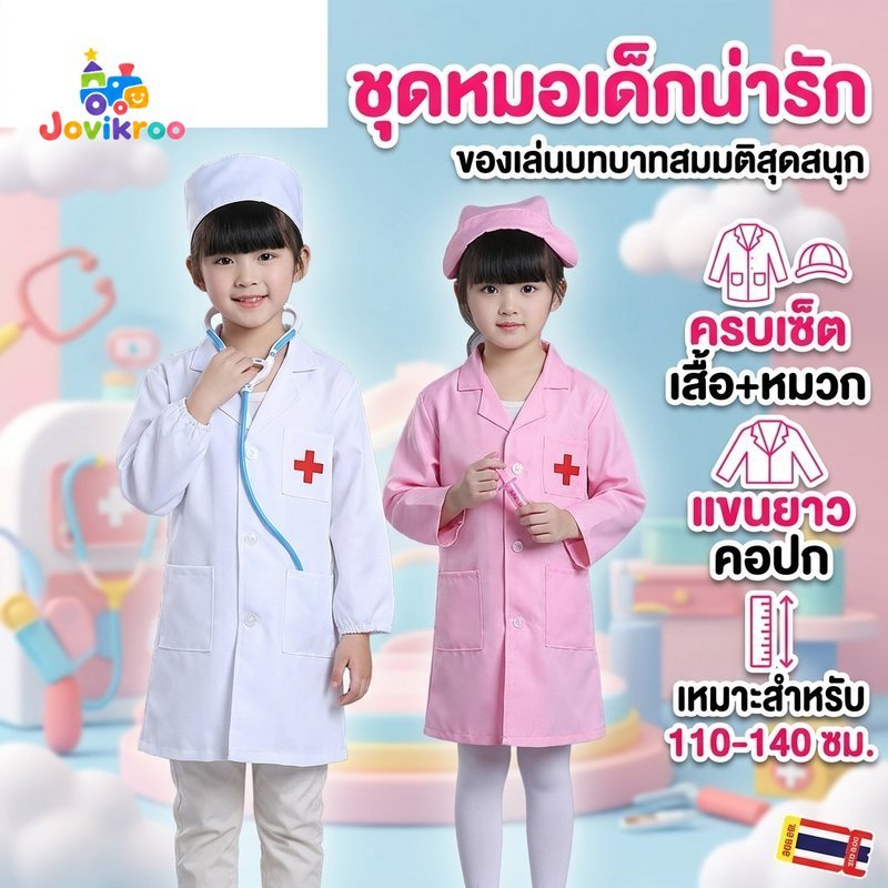 เด็กพยาบาลเครื่องแต่งกายชุดแขนยาวปุ่มกระเป๋าหมวกสวมบทบาทฮาโลวีนคอสเพลย์ชุด