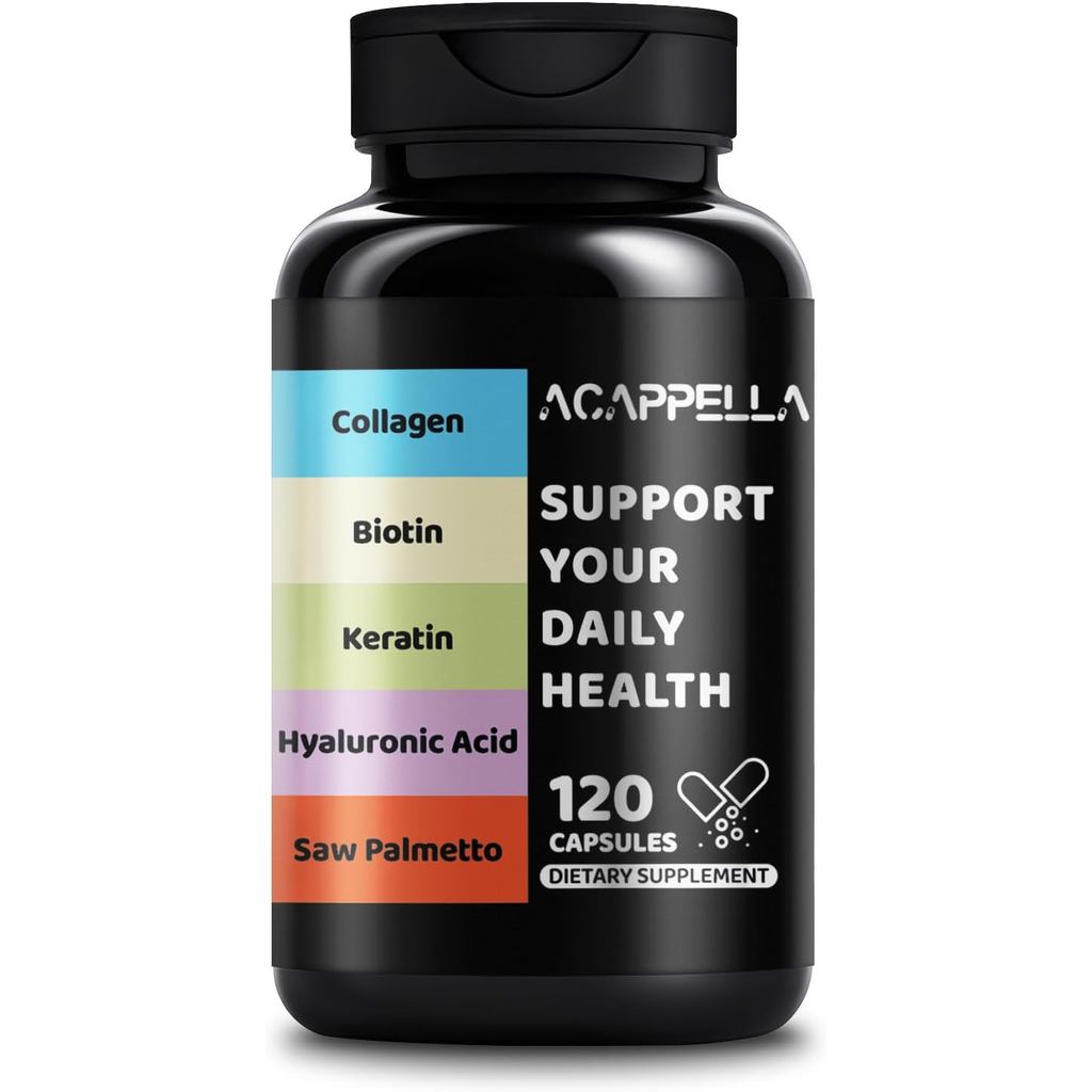 ACAPPELLA Keratin Saw Palmetto พร้อมแคปซูลกรดไฮยาลูโรนิก DHT Blocker วิตามิน Folic Acid อาหารเสริมคอ