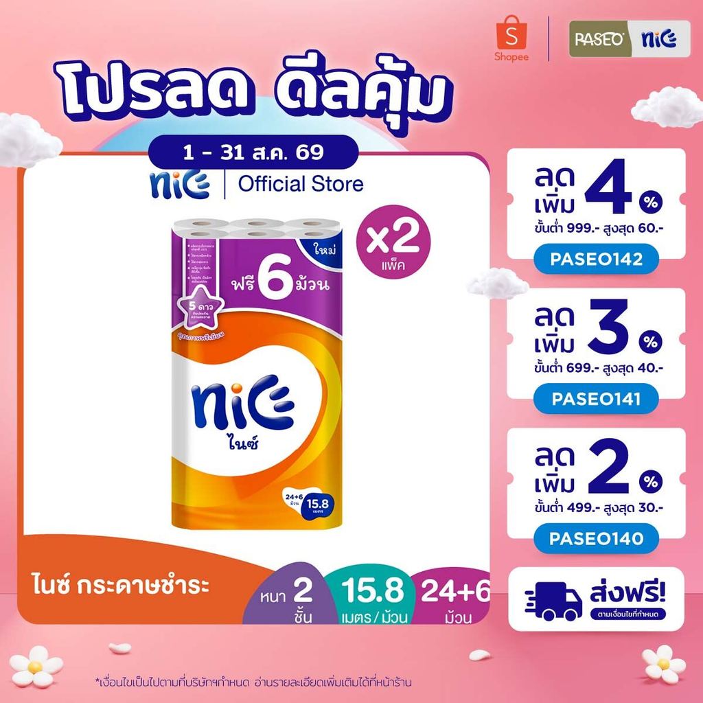 (2 แพ็ค 60 ม้วน) Nice ไนซ์ กระดาษชำระ ขนาด 24+6 ม้วน (15.8ม./ม้วน) (ทิชชู่ กระดาษทิชชู่ ทิชชู่ม้วนใหญ่) x 2