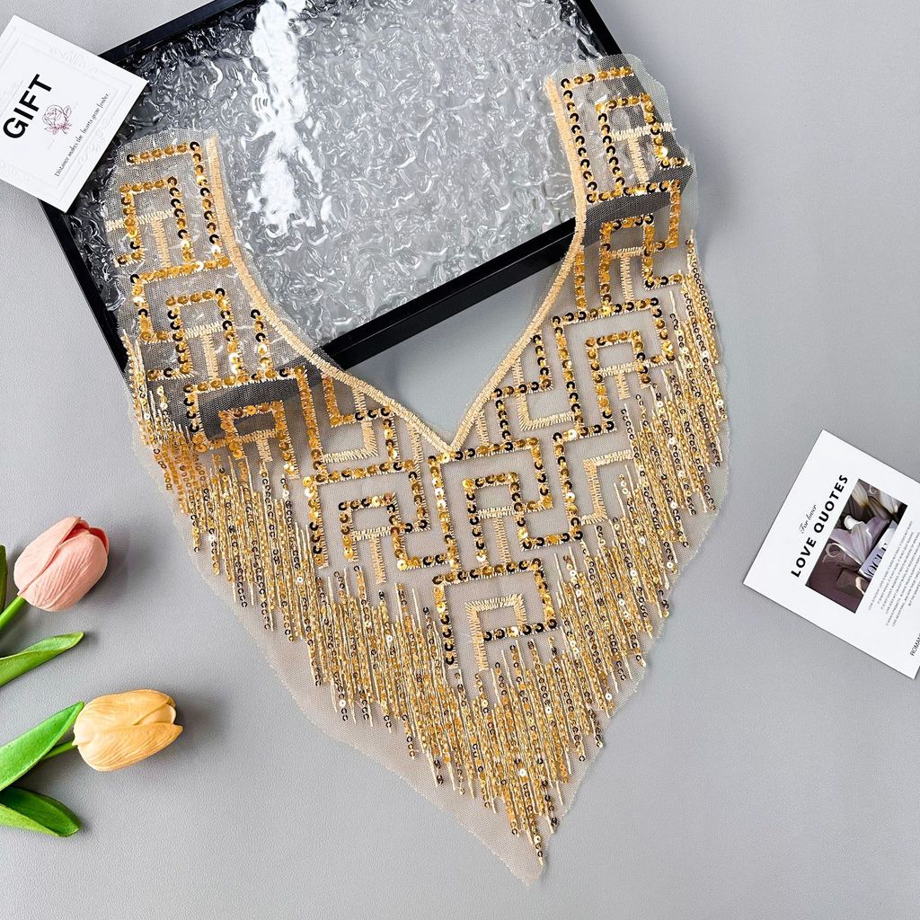 Heavy Industry Gauze v คอลูกปัด Sequined Gold Patch สําหรับเครื่องแต่งกายตกแต่งชุดประสิทธิภาพเครื่อง