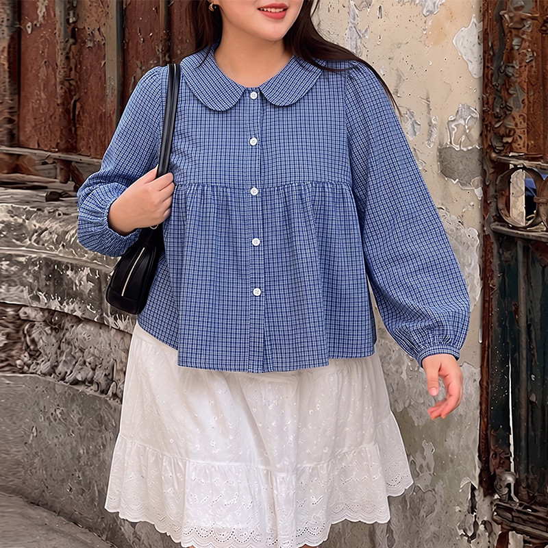 Vonda ผู้หญิงเกาหลีขนาดบวกอเนกประสงค์ลายสก๊อต Peter Pan Collar เสื้อเชิ้ตแขนยาวหลวม — صورة 6