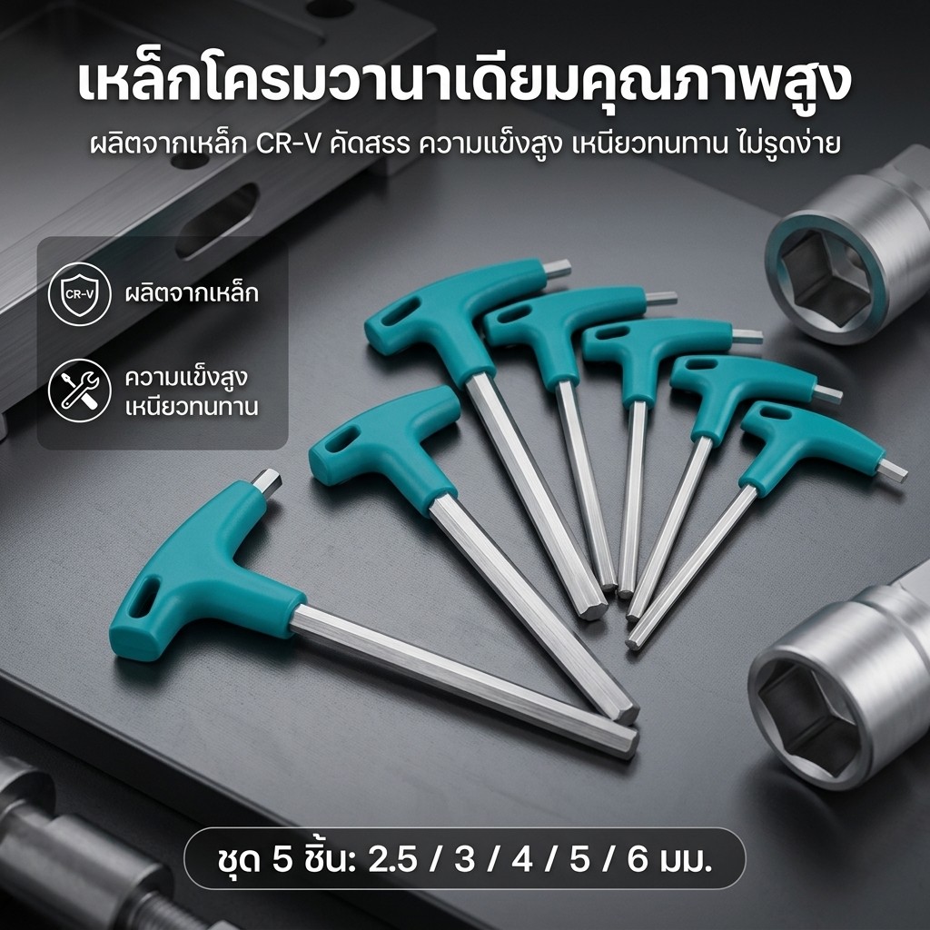 ชุดประแจหกเหลี่ยมด้าม T 5 ชิ้น เกรดมืออาชีพ T-Handle ด้ามยางยาวสบายมือ ขนาด 2.5มม-ถึง6มม เหล็กคาร์บอนสูง แข็งแรงทนทาน