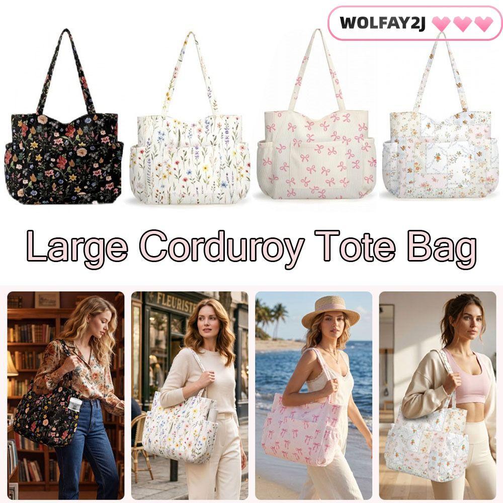 กระเป๋าสะพาย WOLFAY2J มีซิปความจุขนาดใหญ่กระเป๋านักเรียน,แฟชั่นReusable Corduroy Multi-Pocketกระเป๋า