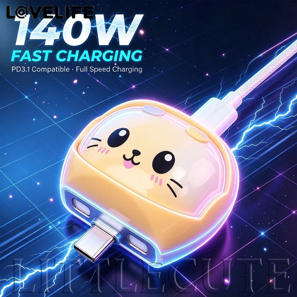 [AUTO&3C] อะแดปเตอร์ชาร์จไฟปิดอัตโนมัติอัจฉริยะ 140W Type-C การ์ตูนสีเหลืองสีขาว Cat Charger ป้องกันความปลอดภัยสําหรับแท็บเล็ตสมาร์ทโฟน /ราคาดี