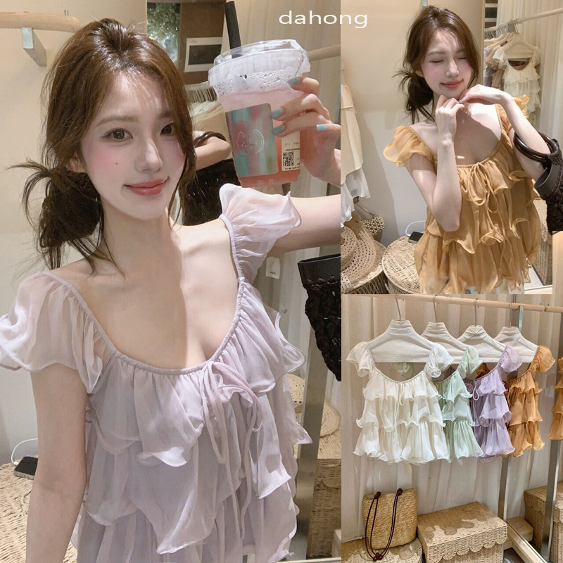 Dahong เสื้อเชิ้ตแขนสั้น สีทึบ สไตล์เก๋ไก๋ เสื้อแขนปีกระบายชีฟอง แฟชั่นเวอร์ชั่นเกาหลี สไตล์สบาย W768/W769