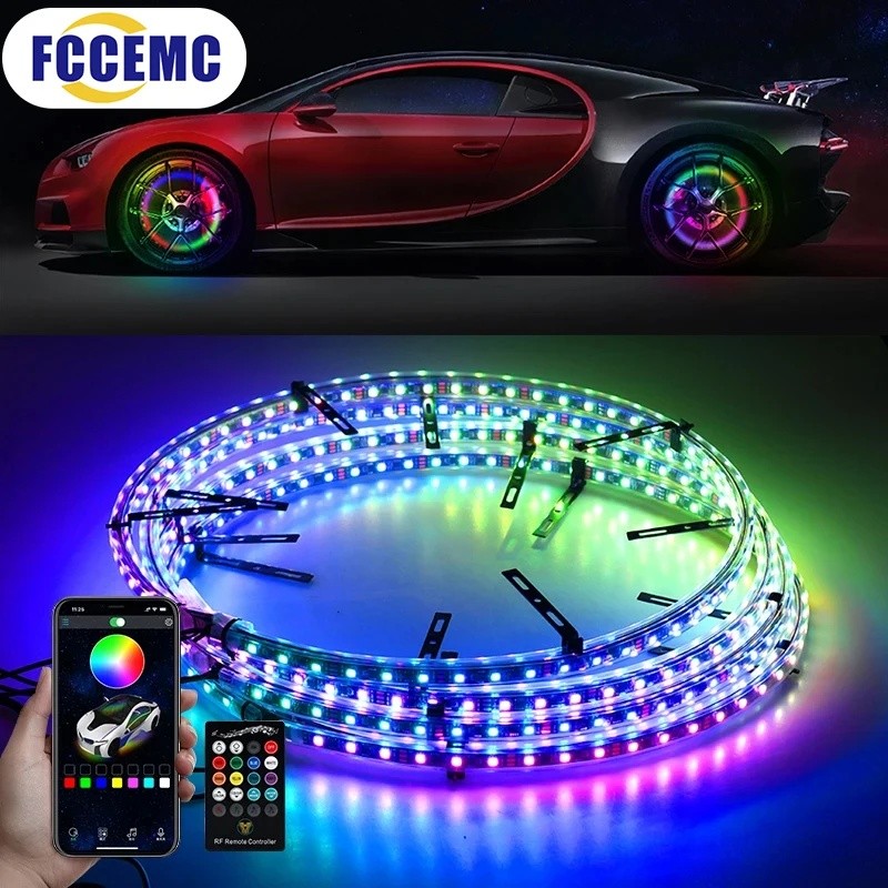 E1Z7 Symphony LED รถ Hub โคมไฟสองด้าน APP รีโมทคอนโทรลควบคุมเสียงกันน้ํานีออนล้อแหวน 12V Auto ตกแต่ง