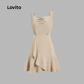 Lovito เดรสลําลองผู้หญิงผ้าพลิ้วสไตล์ Ruffle ฤดูร้อน/ฤดูใบไม้ผลิ สีคากี LK4ED853