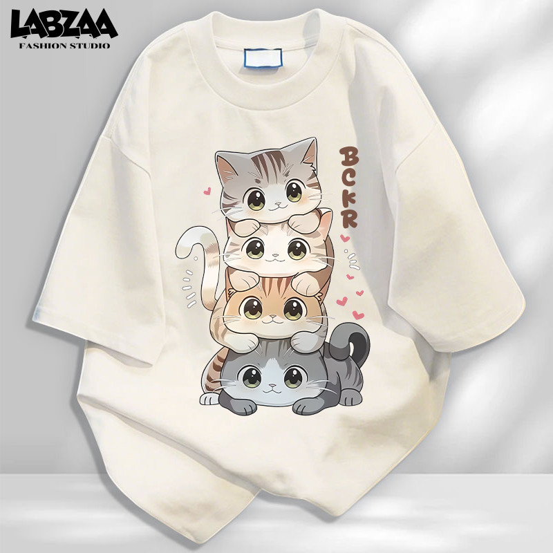 【จัดส่งจากกรุงเทพฯ】LABZAA ลำลองแมทช์ลุคง่าย⚡เสื้อยืดทรงหลวม ลายแมวน่ารัก ผ้าหนายับยากรีดง่าย ผ้าฝ้าย 100% YG470