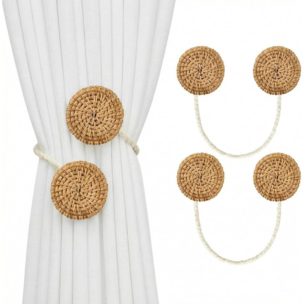 Panelee 2 Pack Boho ผ้าม่าน Tiebacks, หวายผ้าม่าน Holdback, หวายธรรมชาติ Boho Tie กลับ, ไม่มีผ้าม่าน