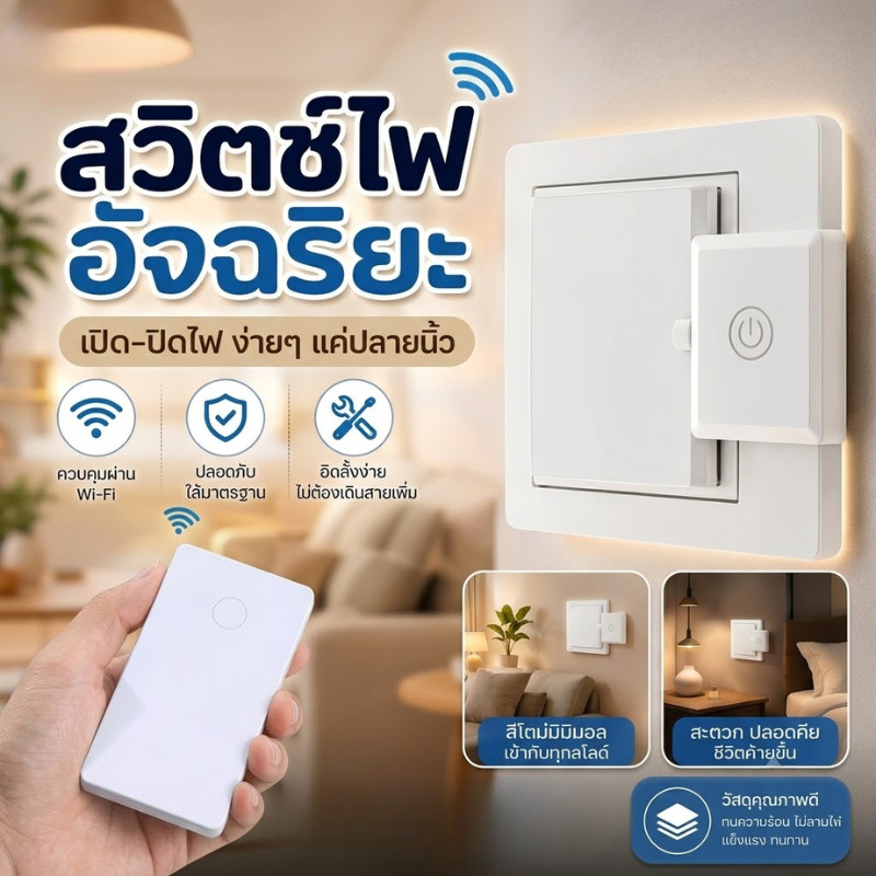 AllInOne Store. Remote Control Switch ปุ่มสวิตช์ไฟอัจฉริยะ ติดตั้งง่ายด้วยกาวในตัว ไม่ต้องเจาะ ปุ่มเปิด/ปิดควบคุมระยะไกล