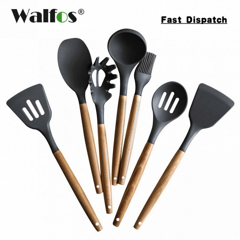 Walfos ชุดอุปกรณ์ทําอาหารซิลิโคนไม้พายไม่ติดพลั่วด้ามไม้ช้อนแปรง ZP0S