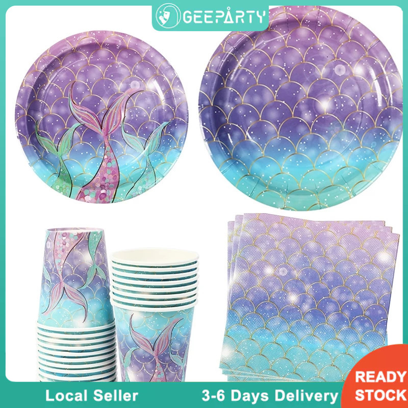 GeeParty ชุดจานแก้วปาร์ตี้วันเกิด ธีมนางเงือก สีม่วง พร้อมถุงใส่ขนม อุปกรณ์จัดงานเลี้ยงเด็ก