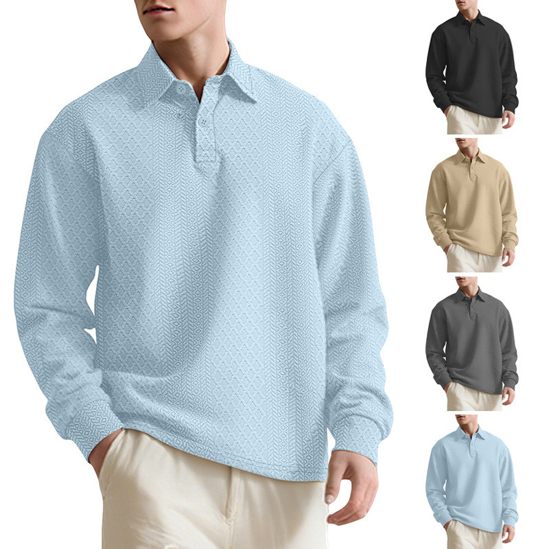 ZONE เสื้อโปโลปุ่มสีทึบสําหรับผู้ชายเสื้อยืดแขนยาวหลวม