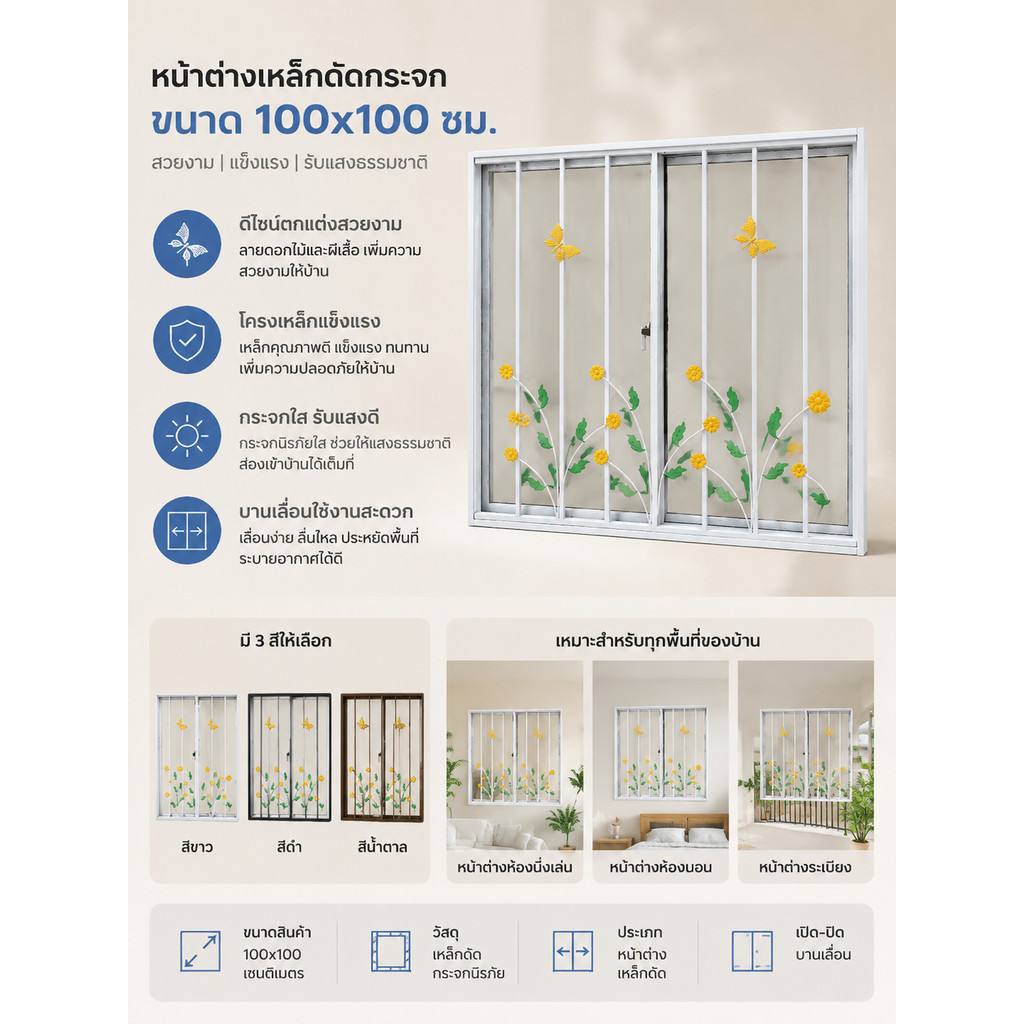 หน้าต่างขนาด 100x100 ซม. ใส่เหล็กดัดลีลาวดี หน้าต่างอลูมิเนียมมีเหล็กดัด หน้าต่างบานเลื่อน2ช่อง