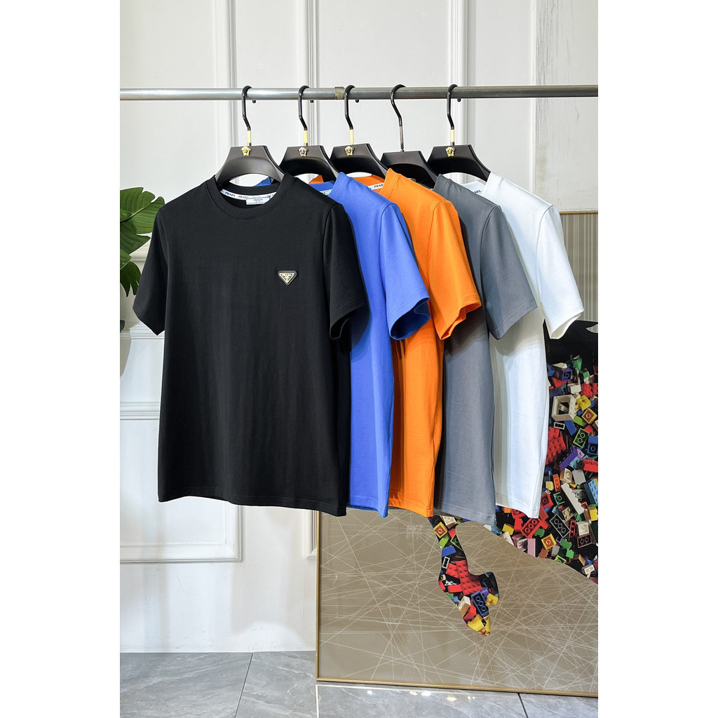 PRADA 2026 คลาสสิกรอบคอแขนสั้นเสื้อยืดผู้ชายผู้หญิงหนารอบคอ Original Design ฤดูใบไม้ผลิฤดูใบไม้ร่วง 