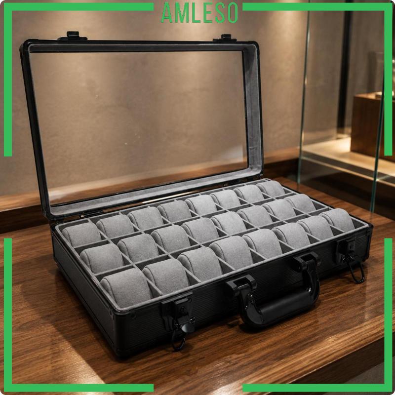 [Amleso] เคสแสดงนาฬิกาพร้อมหมอนอิงและฝุ่นละอองแบบถอดได้ 24 Slot Black