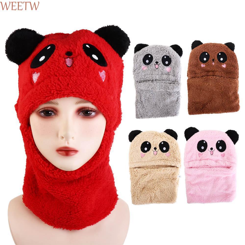 WEEKW เด็ก Bonnet คอทําด้วยผ้าขนสัตว์อุ่นน่ารักสาวสวยเด็กเด็กกันลมการ์ตูนแพนด้าหมวก