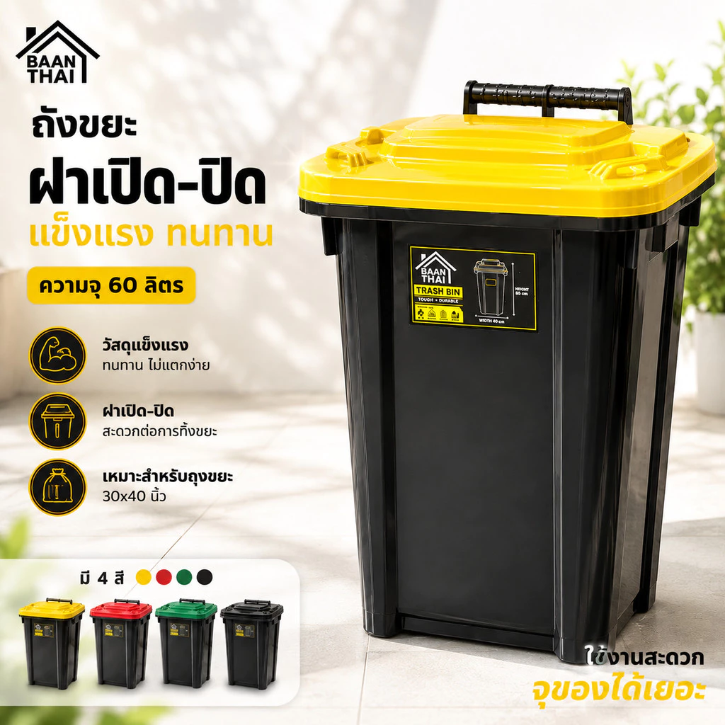 ถังขยะ BAANTHAI บ้านไท 60ลิตร ถังขยะพลาสติก มีฝาเปิด-ปิด มีที่จับ ใบใหญ่ ไม่แตก ทนทาน เหนียว ถัง ขยะ กทม.
