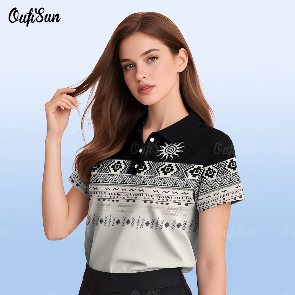 Retro เสื้อโปโลผู้หญิง 3D ระเหิดสีดําสีขาว Aztec Geometric Stripe Sun Totem แขนสั้นอินเทรนด์ 2025 To