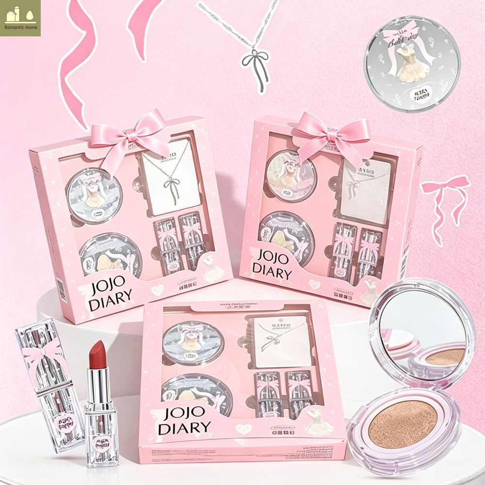 5PCS ชุดแต่งหน้าบัลเล่ต์ JOJODIARY:คอนซีลเลอร์ คุชชั่น ครีม + แป้งฝุ่นควบคุมความมัน+ ลิปกลอส + สร้อย