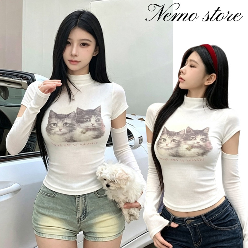Nemo เสื้อยืดแขนยาวสตรีคอเต่าสกรีนลายสัตว์เลี้ยงดีไซน์แนวสตรีท ผ้านุ่ม กระชับตัว สไตล์เกาหลี (FY4343)