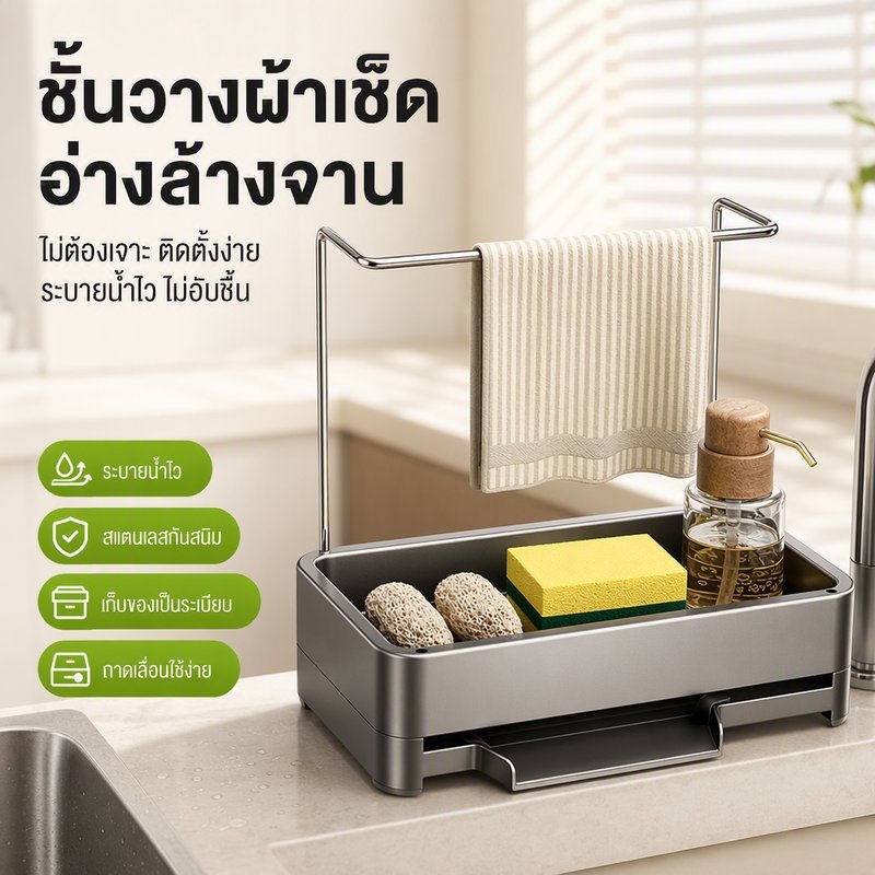ตะกร้าจัดระเบียบอ่างล้างจาน ชั้นวางฟองน้ำ ที่วางน้ำยาล้างจาน ราวแขวนผ้า ระบายน้ำในครัว