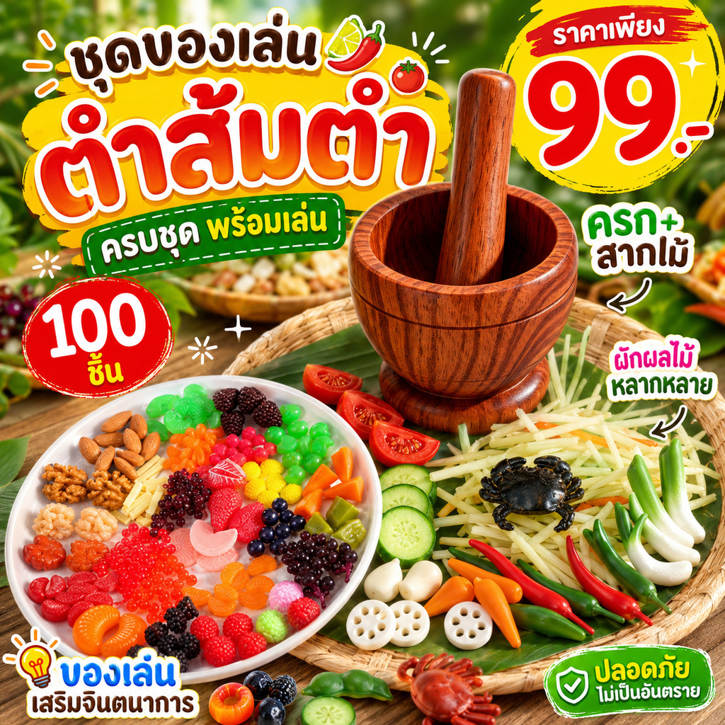 🔥พร้อมส่ง🔥 ชุดของเล่นส้มตำจำลอง ครกสาก+วัตถุดิบ100ชิ้น ของเล่นทำอาหาร บทบาทสมมติ ฝึกจินตนาการสำหรับเด็ก