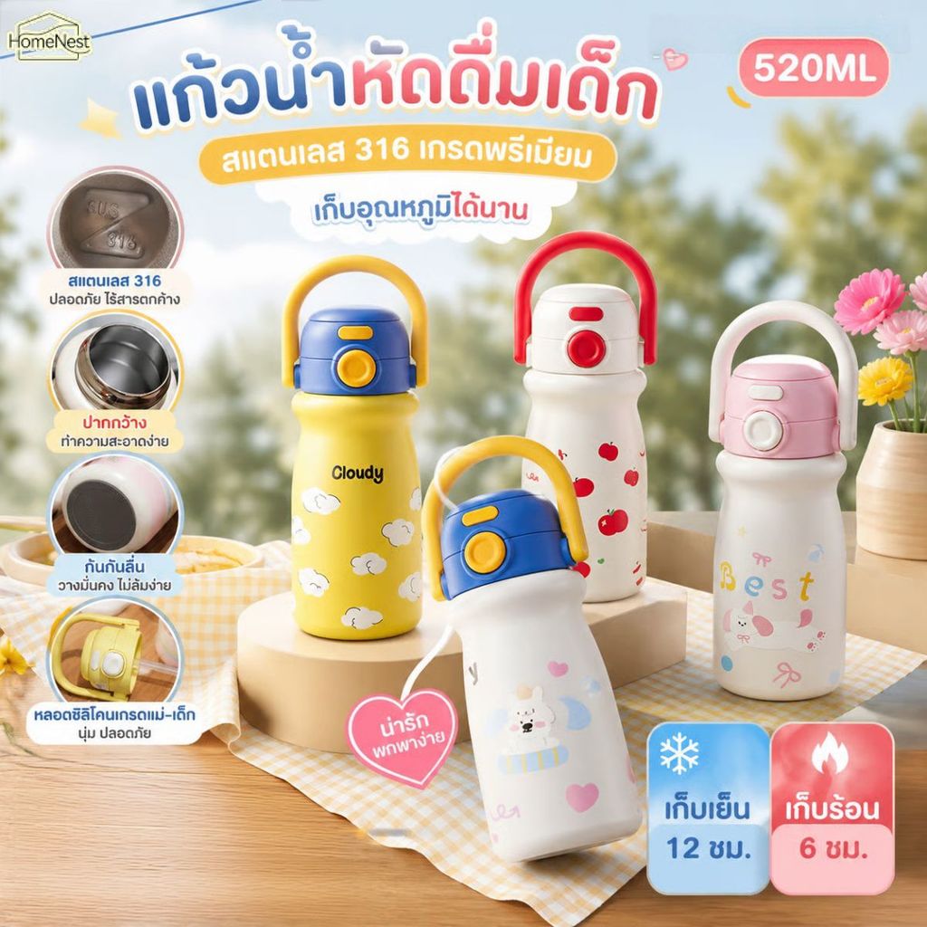 ขวดน้ำสแตนเลส 316 ขนาด 520 มล. พร้อมหลอดดูดคู่ และหูหิ้วพกพาสะดวก เหมาะสำหรับนักเรียน