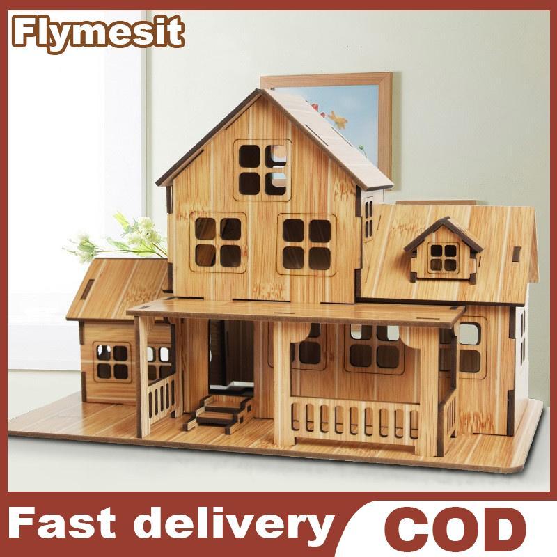 Flymesit 3D ปริศนาไม้สถาปัตยกรรม DIY House Villa เด็กชายหญิงการศึกษา EN
