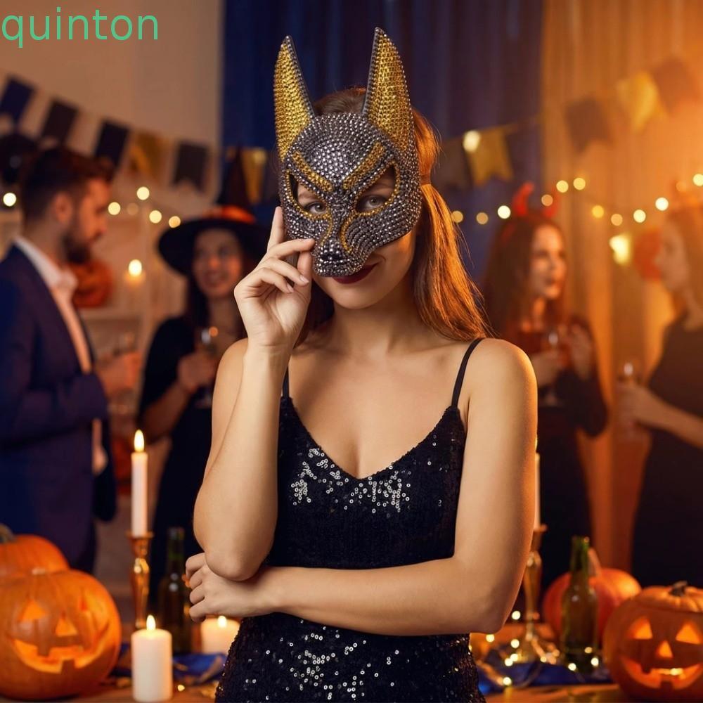 QUINNTON หน้ากาก Rhinestone, Dress Up Props Shiny Zircon Wolf Crystal Mask, เครื่องแต่งกายเหตุการณ์ห