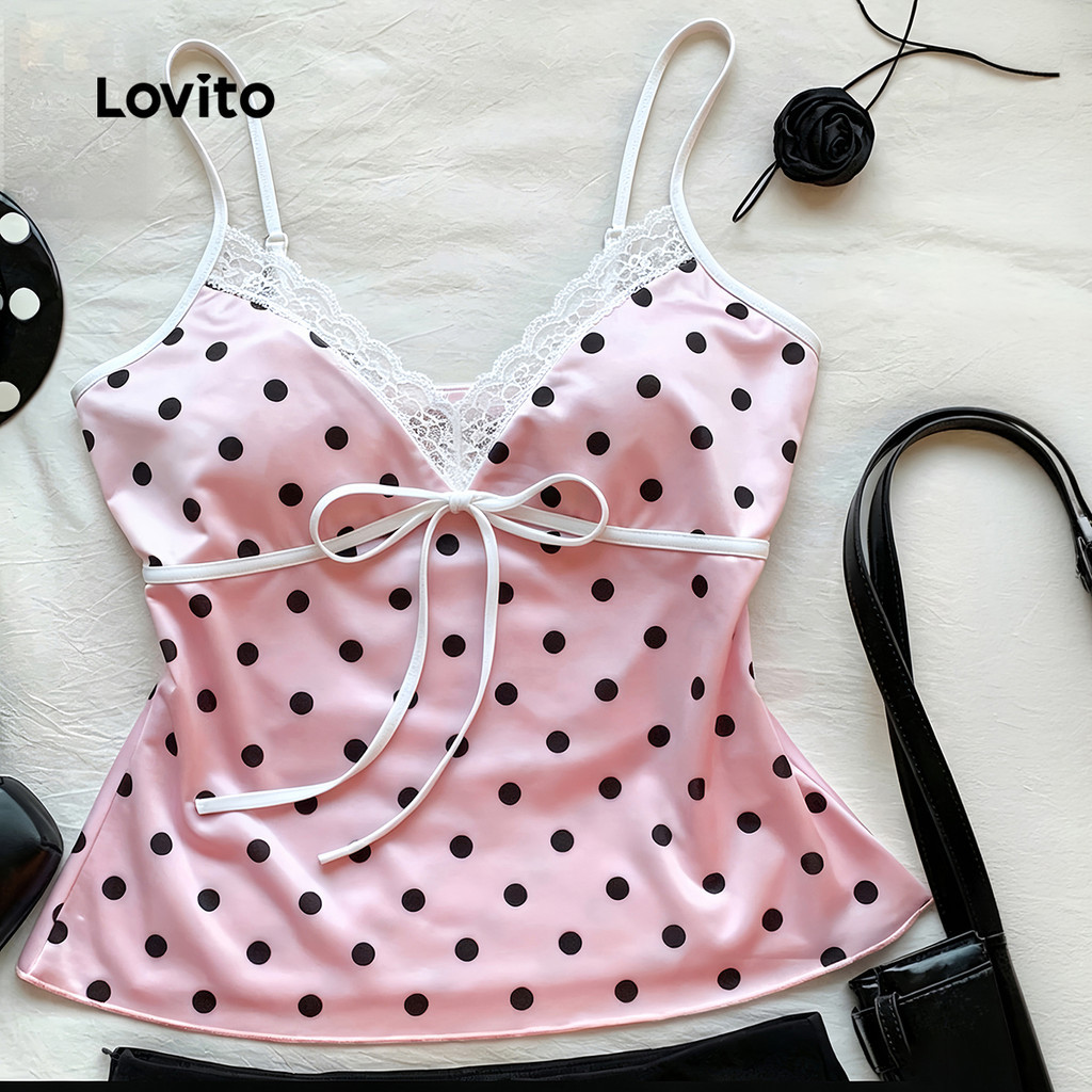 (New Arrival) Lovito เสื้อลูกไม้สีชมพูประดับโบว์น่ารักสําหรับฤดูใบไม้ผลิ/ฤดูร้อน เกาหลี อินเทรนด์ L197AD103