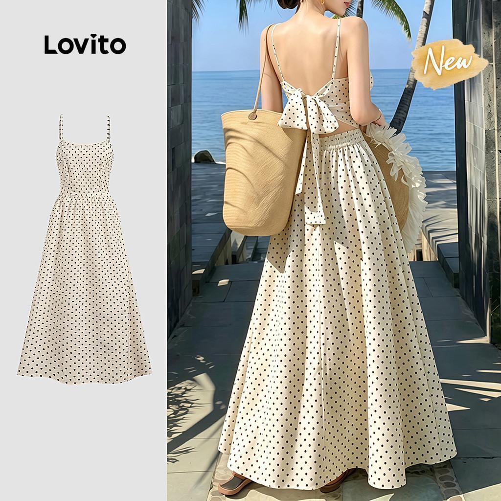 (New Arrival) Lovito ชุดเดรสโบโฮ ผูกโบว์ด้านหลัง พิมพ์ลาย เดรสพลีทฤดูใบไม้ผลิ/ฤดูร้อนสําหรับผู้หญิง 
