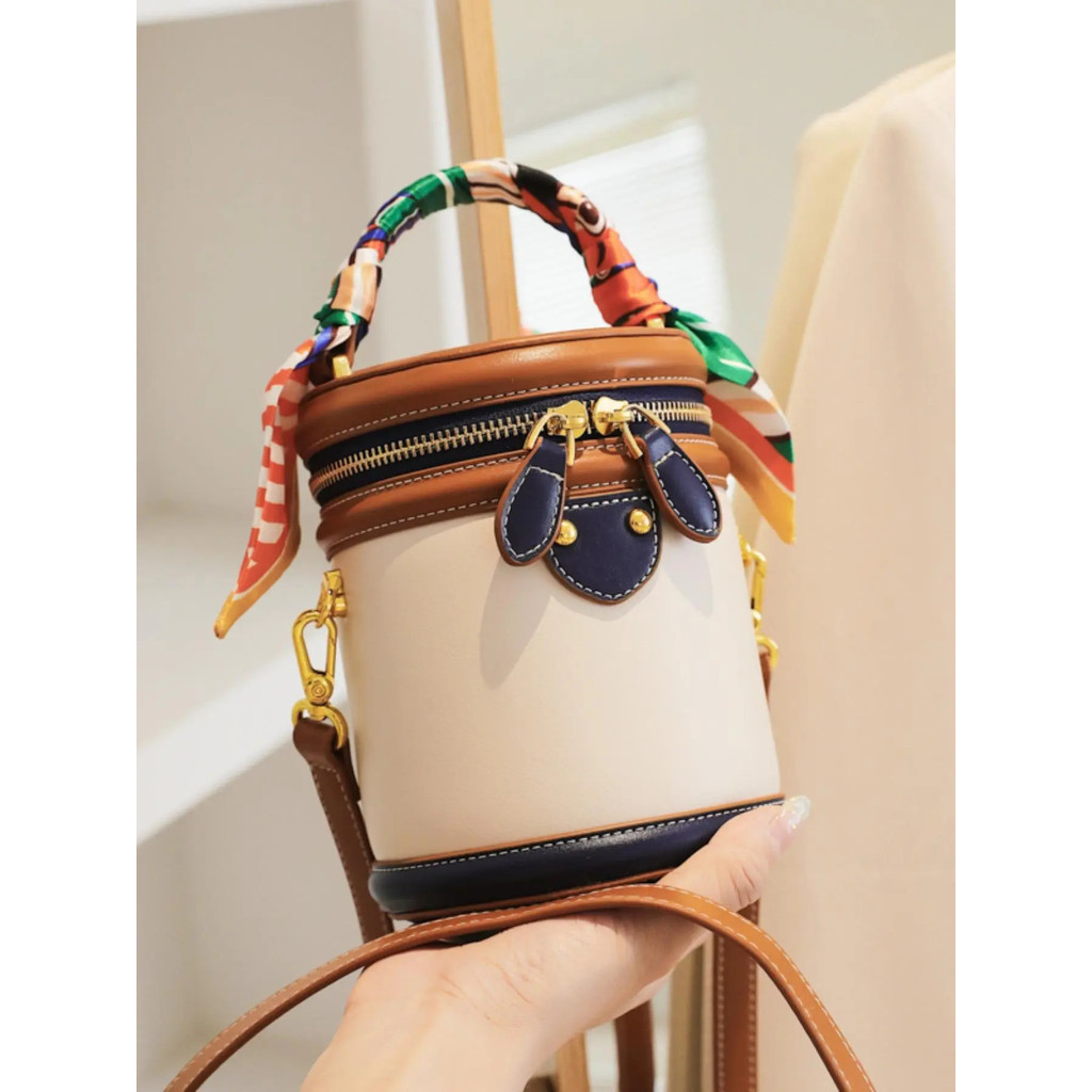 FashionColorblockBucketBag,CasualPuLeatherZipperCrossbodyBagforWomen,CasualTrendyVersatileคุณภาพสูงD