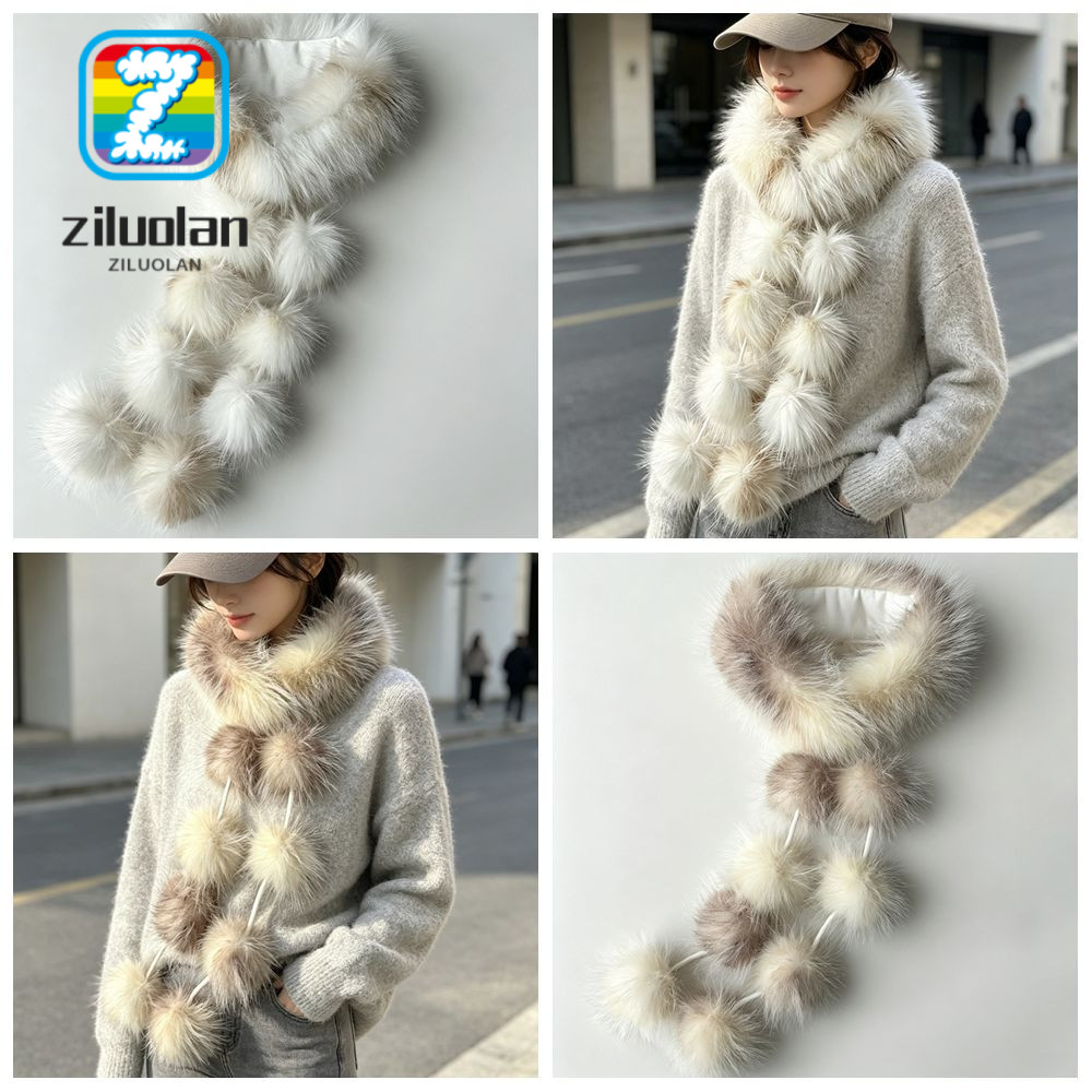 ZILUOLAN Faux FUR ผ้าพันคอ, Faux FUR Soft Plush Texture FUR Collar ผ้าพันคอ, Pom รายละเอียด Fluffy T