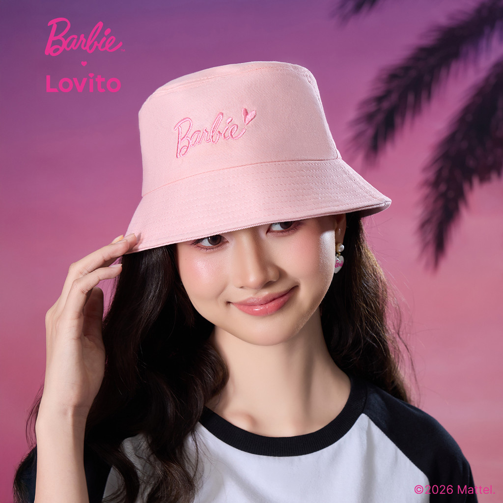 Barbie™ X Lovito หมวกสีดำวัสดุโพลีเอสเตอร์ ปักลาย เกาหลี อินเทรนด์ LBL5AD042