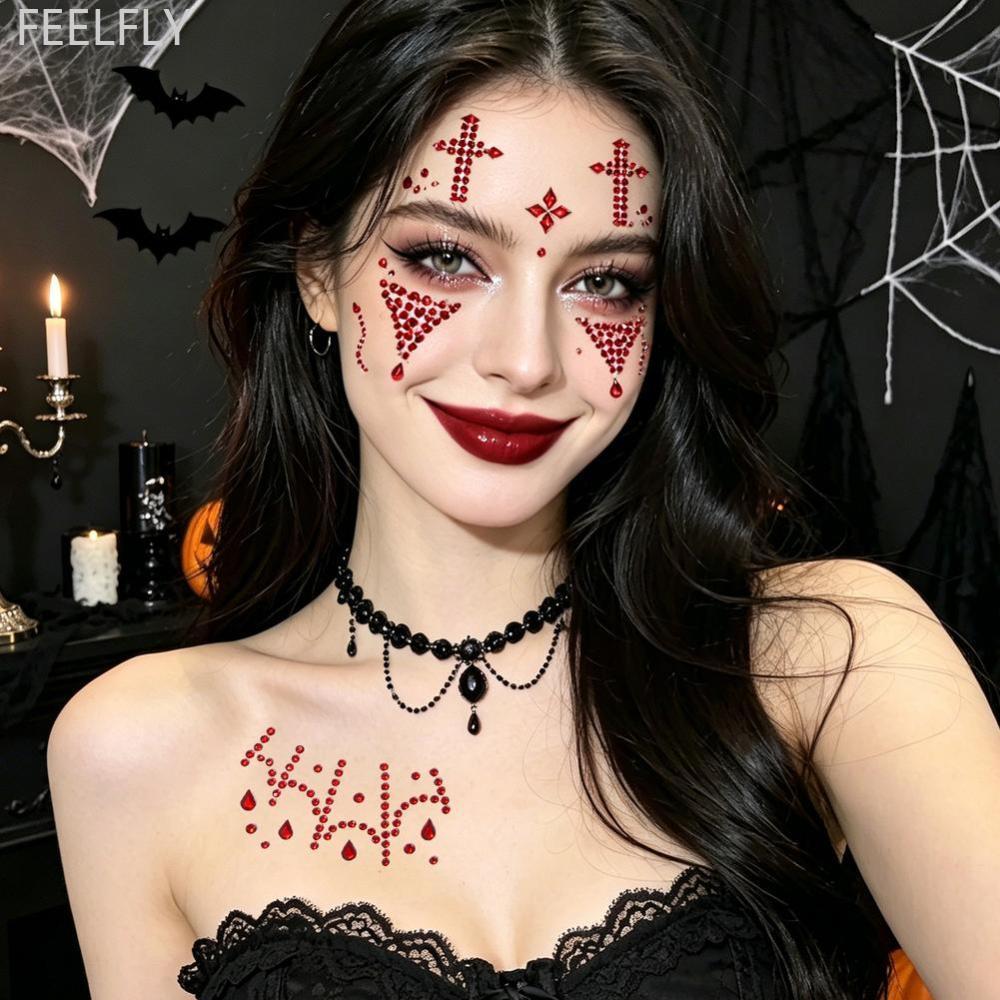 FEELFLY ฮาโลวีน Face Rhinestone สติกเกอร์สีแดงสีดํา Spider Web Cross Scar อัญมณี Decals Self-Adhesiv