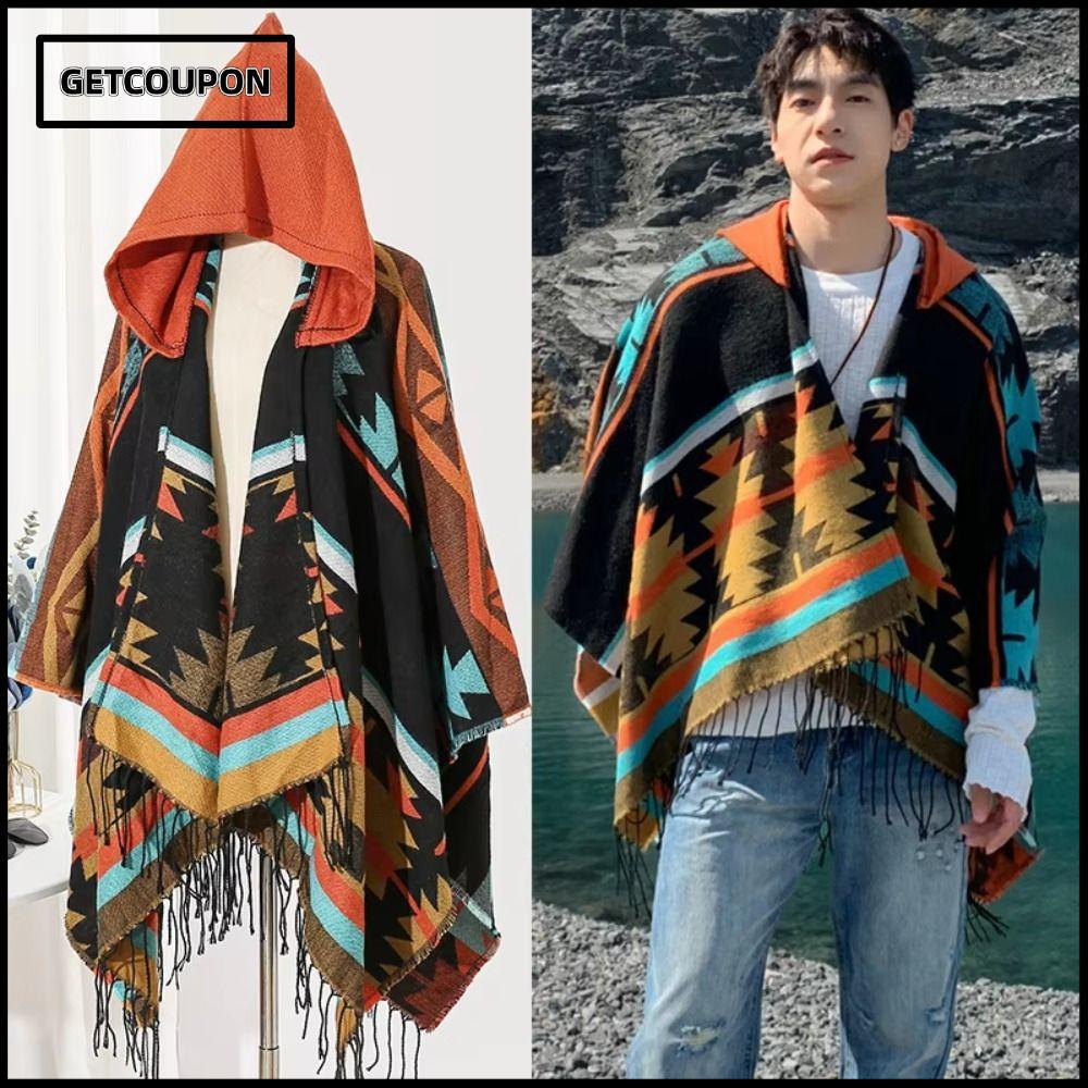 GETCOUPONขนาดใหญ่Outerwear,Fringeพู่เรขาคณิตพิมพ์Hooded Poncho Shawl,Warm Faux Cashmereขนาดใหญ่Fit F