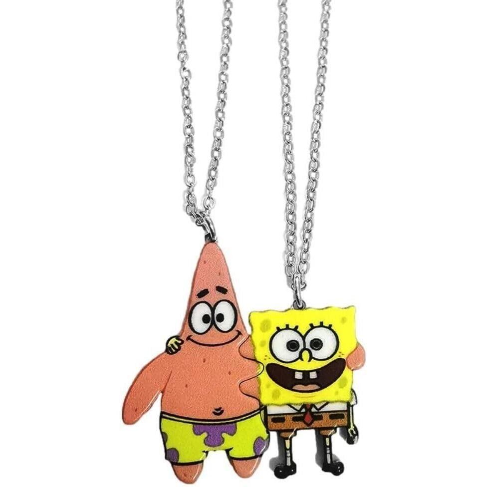 TCB Creations ฟองน้ําการ์ตูน Bob และ Patrick BFF ปริศนาชิ้นจี้สร้อยคอชุด 2 ชิ้น