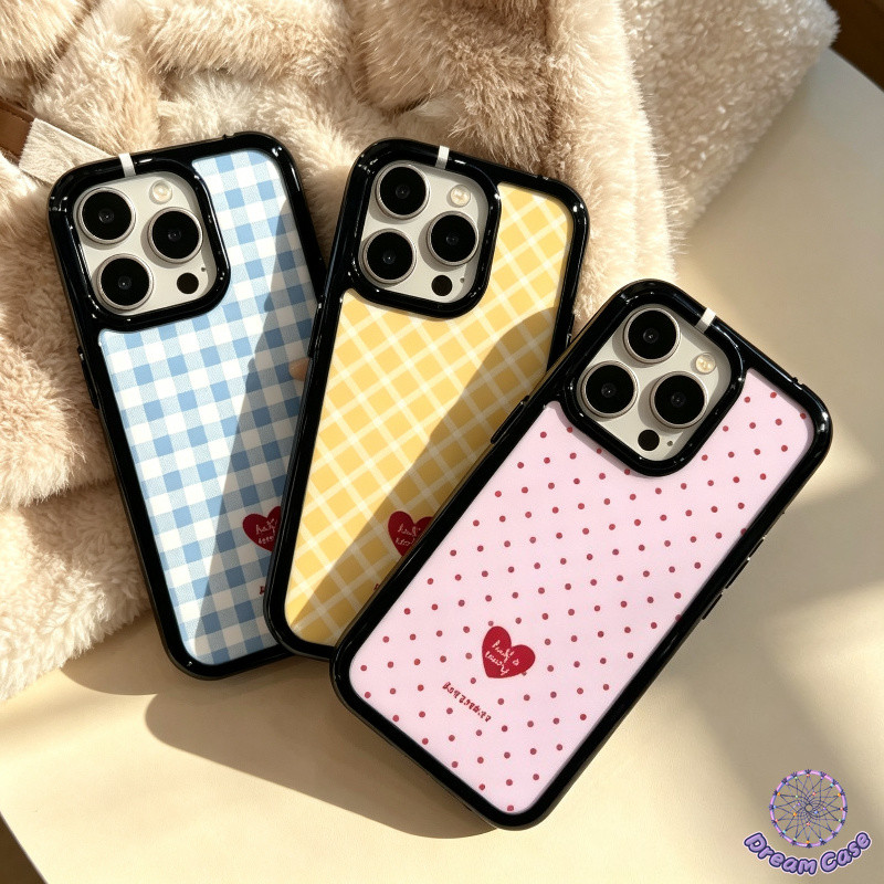 เคสอะคริลิคสีพื้น ลายตารางหัวใจ กันกระแทก น่ารัก เคสไอโฟน17 สำหรับ IPhone 18 17 15 16 11 14 13 12 Pro Max 14 15 16 Plus