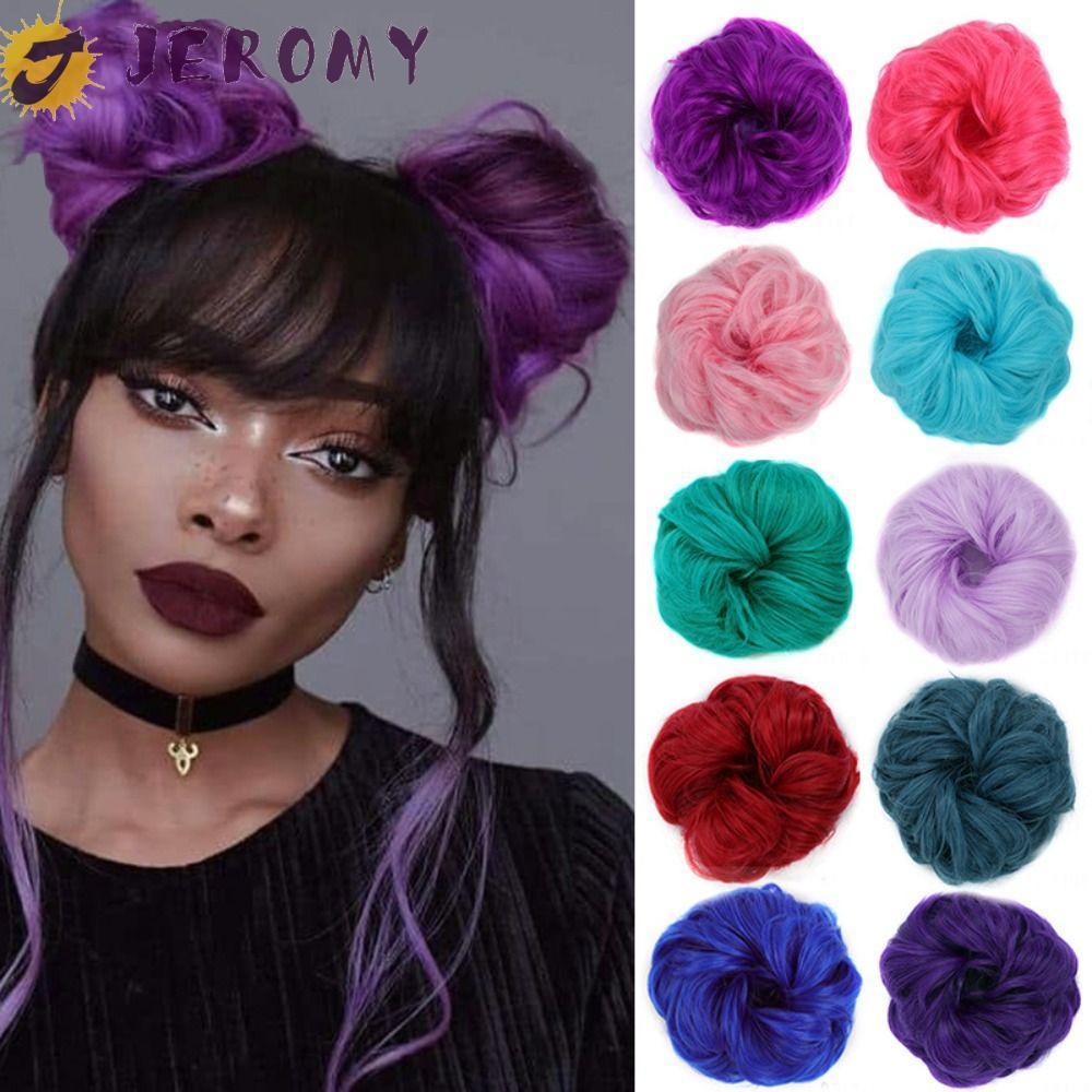 JEROMY Messy Hair Bun Hair Extensions Retro คอสเพลย์วิกผมสีเขียวทุกวันสีดําสีสีชมพูสาวสีม่วงผมปลอมชิ