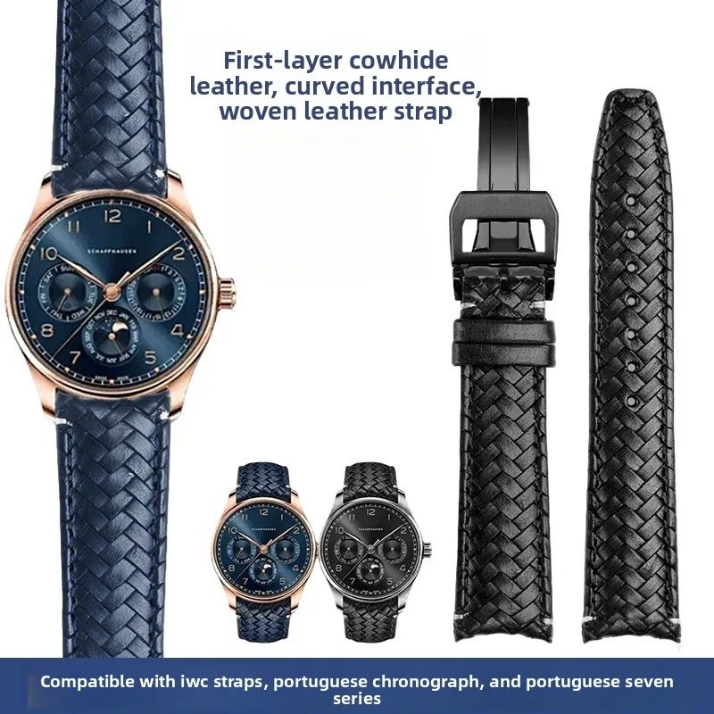 สายนาฬิกาทอหนังวัวคุณภาพสูงสําหรับ IWC IW344205 Portugieser Pilot Watches Portofino Blue Soft Leathe