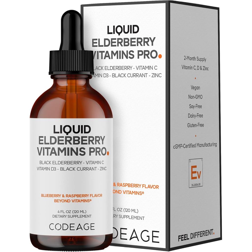 Codeage Elderberry Vitamins Pro Liquid, วิตามินซี, D3, สังกะสี, 4 ชั้น Oz