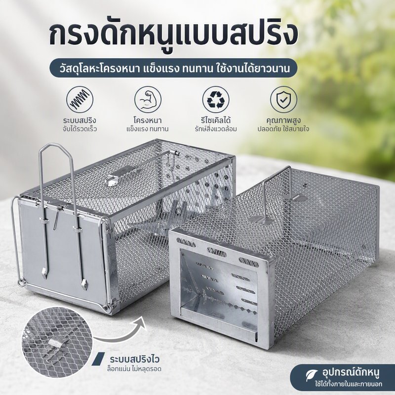 กรงดักหนูแบบสปริง วัสดุโลหะโครงหนา แข็งแรง รีไซเคิลได้ คุณภาพสูง อุปกรณ์ดักหนู