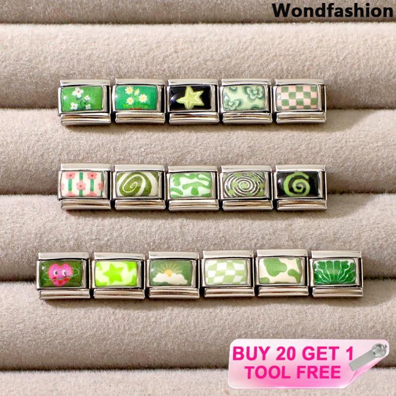 สร้อยข้อมือสแตนเลสขนาด 9 มม. พิมพ์ลายดอกไม้สีเขียวกว้างสไตล์อิตาเลียน สำหรับทำเองและสวมใส่