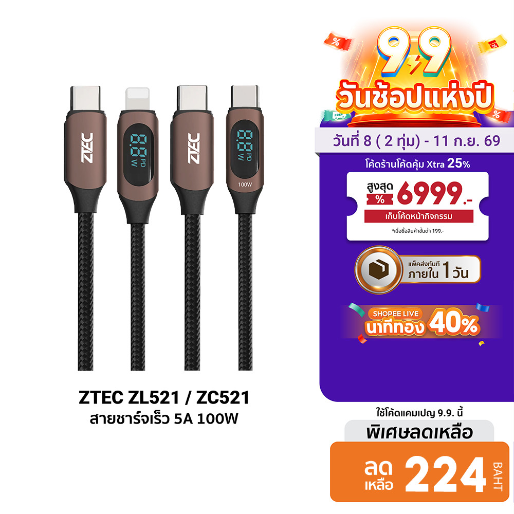 ZTEC ZL521 / ZC521 สายชาร์จ 5A 100W สายวัดกำลังไฟ USB-C to USB-C วัสดุสายถัก ยาว 1 เมตร -2Y