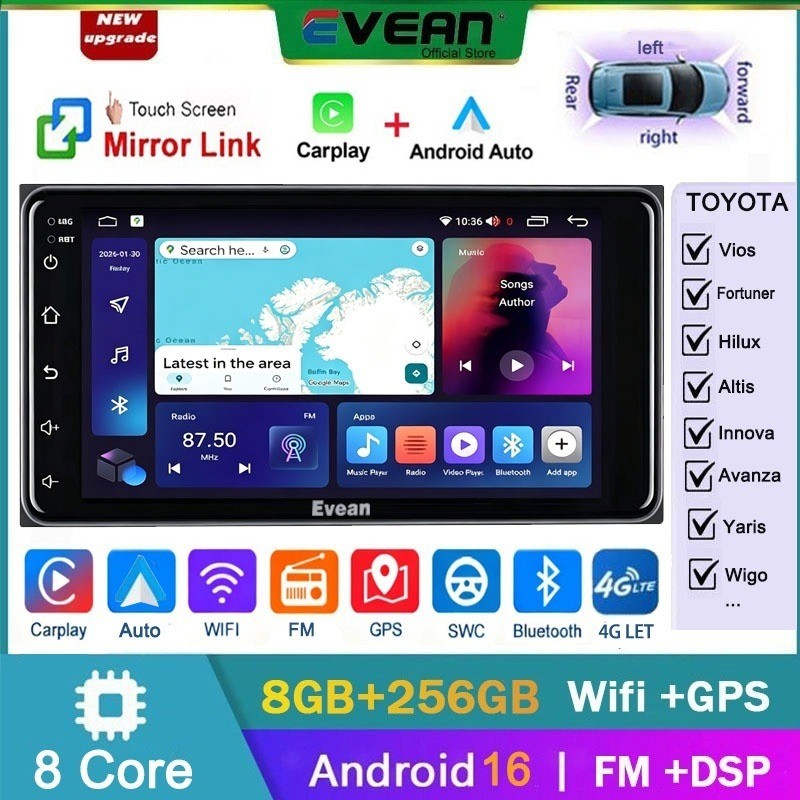 [8G+256G 360APP 4G SIM]7inch 8Core Car Android Player 360 Panorama Camera with Carplay Android Auto 