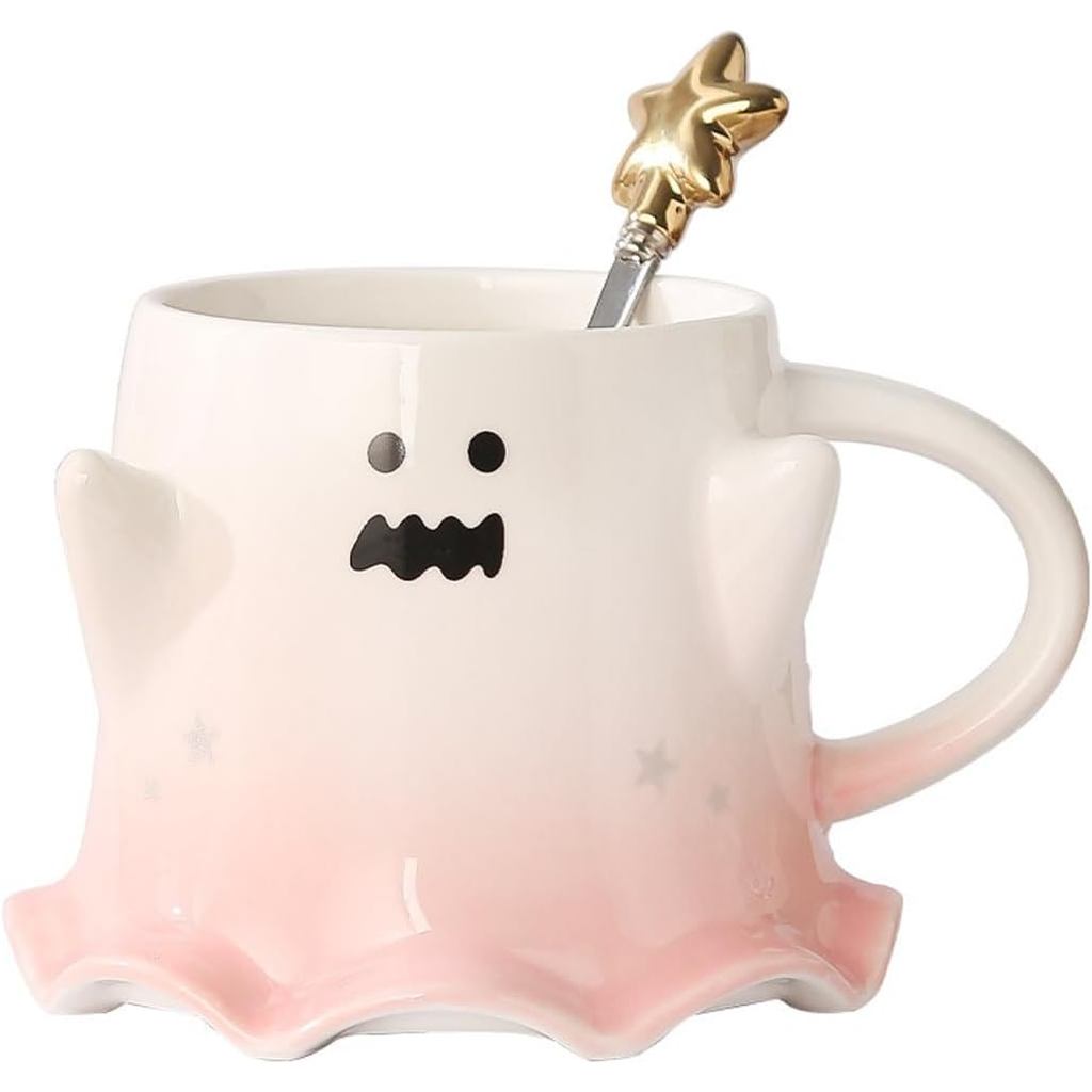 NoveltyTeaCup,Ceramic15.5ozHalloweenCoffeeMugwithSpoon-ScaryGhost(สีชมพู) 991B