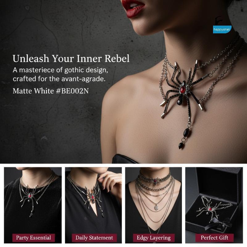 [GIK] Punk บุคลิกภาพ Spider Nelace Rhinestone sel Multi-layered Choker สําหรับ Halloween Party คอสเพ