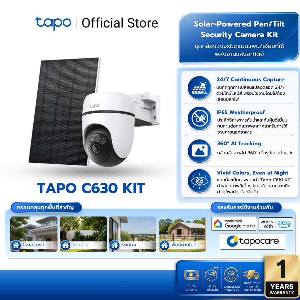 TAPO C630 KIT Solar-Powered Pan/Tilt Security Camera Kit  พร้อมแผงโซลาร์ ระบบไร้สาย พร้อมฟีเจอร์ Ful