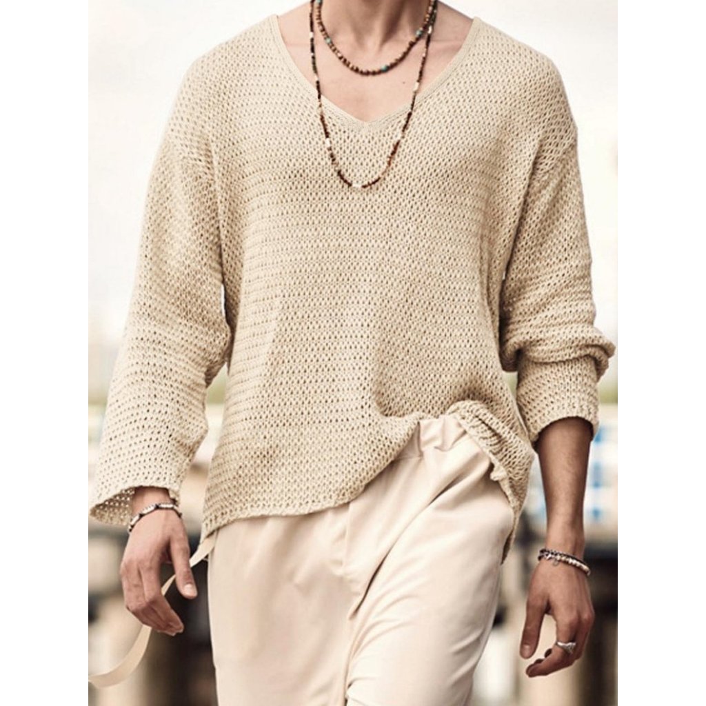 Retro Solid ns V คอยาวแขนยาวหลวมเสื้อกันหนาวถักกลวงผู้ชาย AB1C